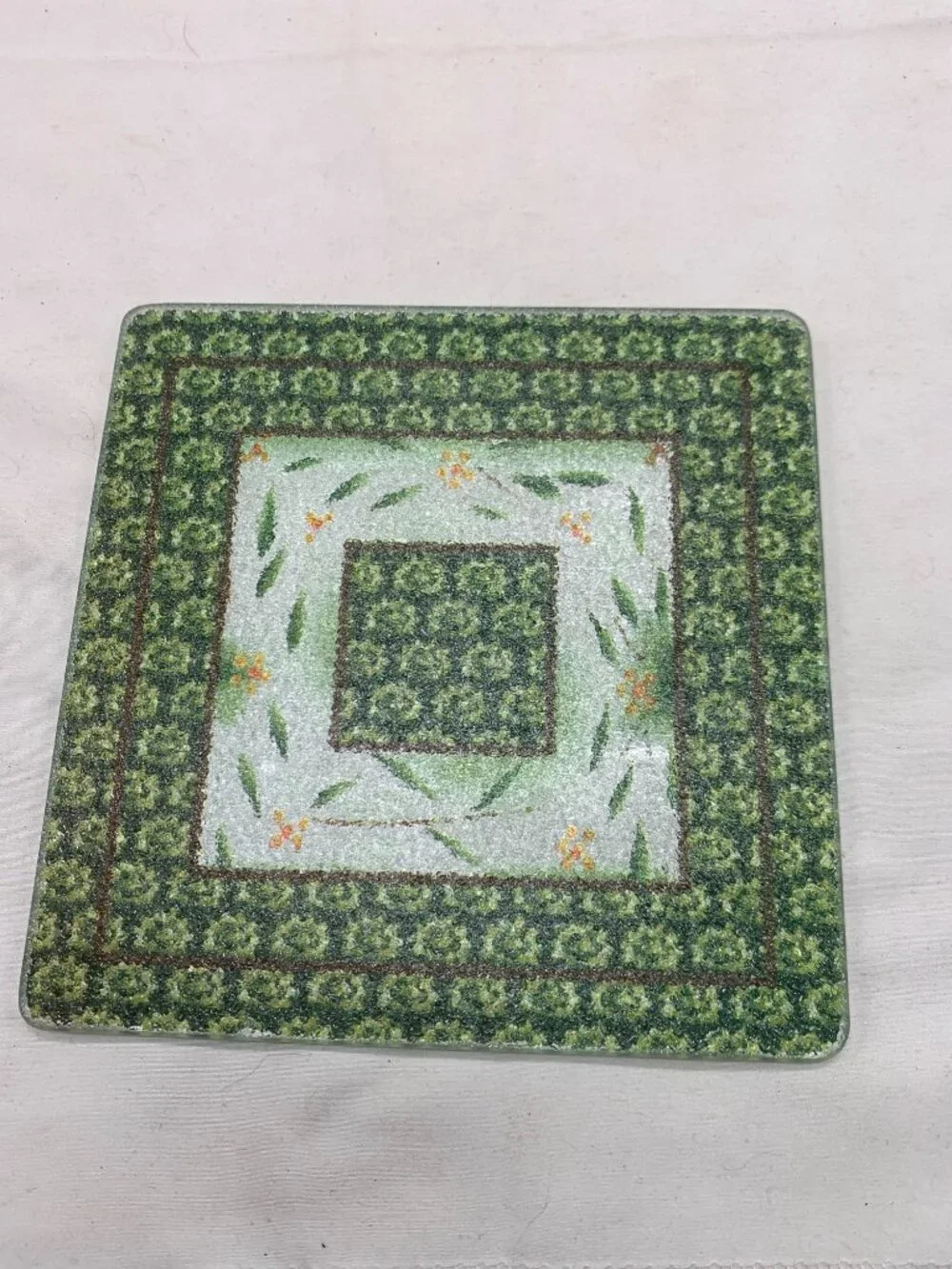 Temptations 2 Piece Old World Green 8 inch Baker and Trivet Floral Pattern